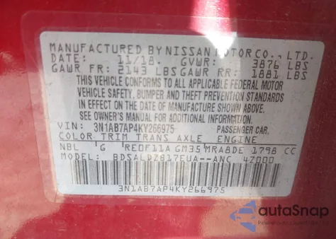 2019 Nissan Sentra Sv z USA, uszkodzony, nr VIN 3N1AB7AP4KY266975